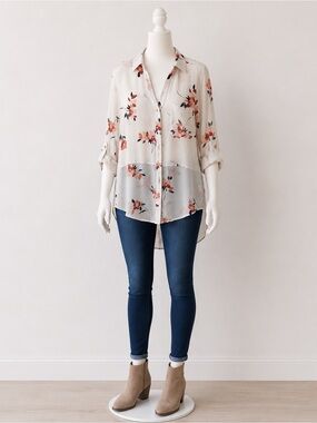 Candie's Cream Blouse with Coral and Black Floral Accents